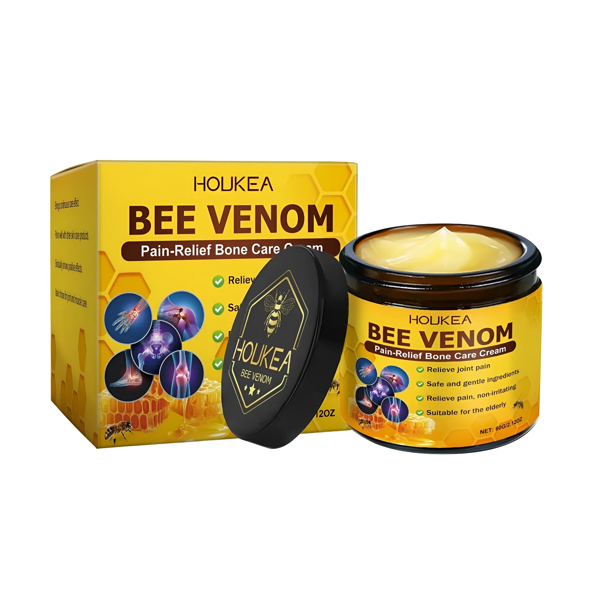 HOUKEA Pain-Relief Bone Care Cream 60g tube with bee venom and mint leaf ingredients.