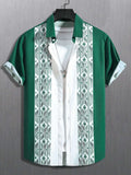 Men's loose fit short sleeve shirt with contrast lapel in plaid polyester fabric