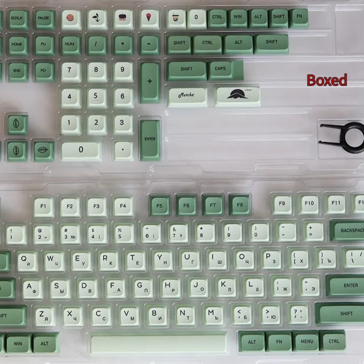 Matcha coloured PBT keycap set with 124 keys showing multiple language legend options