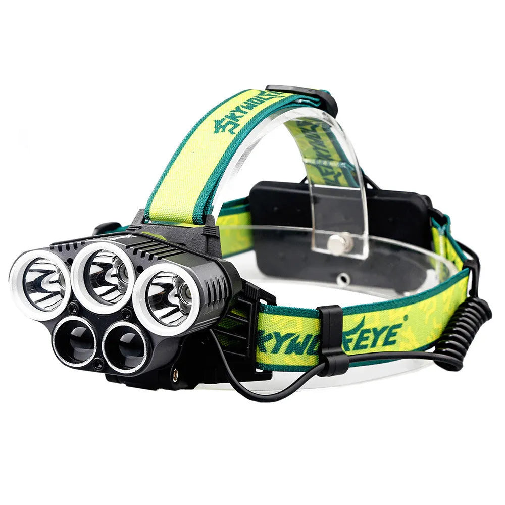 Yellow and black USB rechargeable outdoor headlight with 5 LEDs on an aluminium alloy and ABS plastic housing.