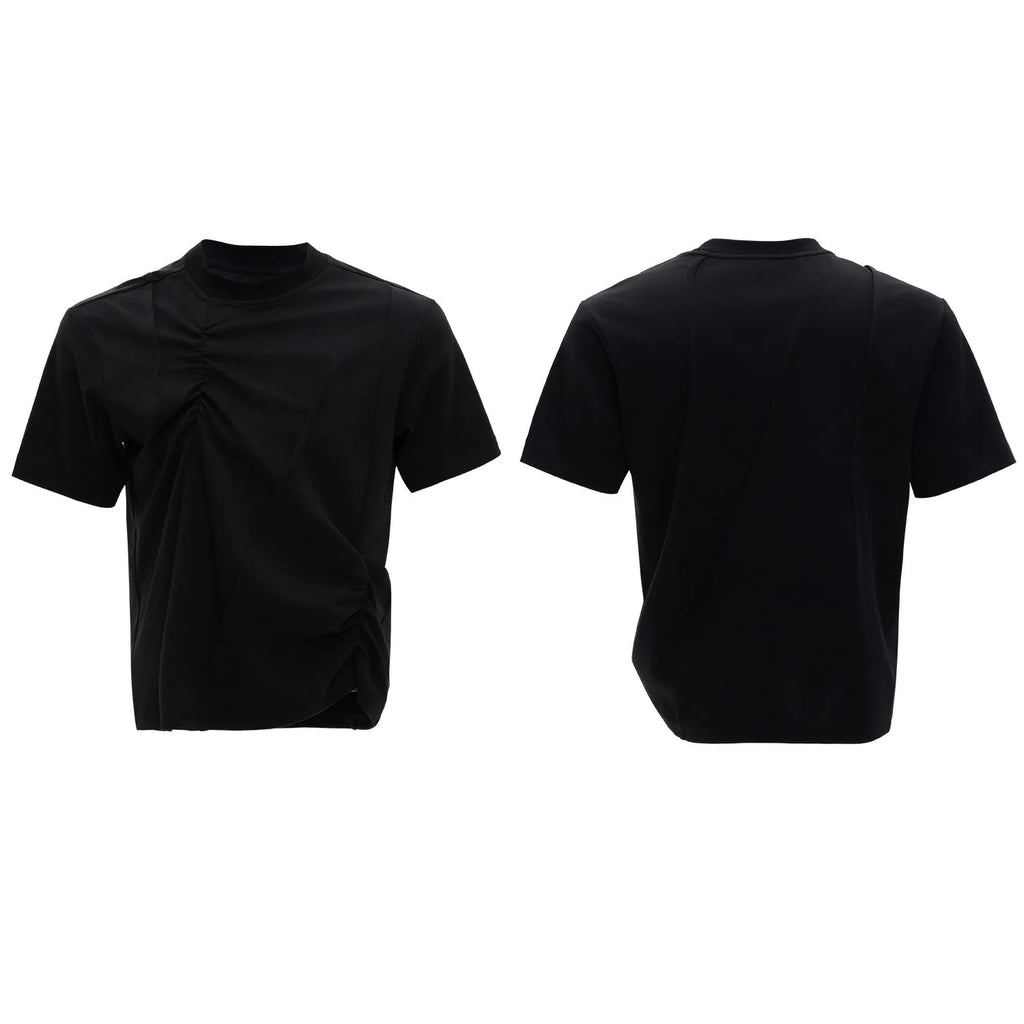 Men's loose-fit grey cotton T-shirt with pleated asymmetric stitching detail on the front, round neck, short sleeves.