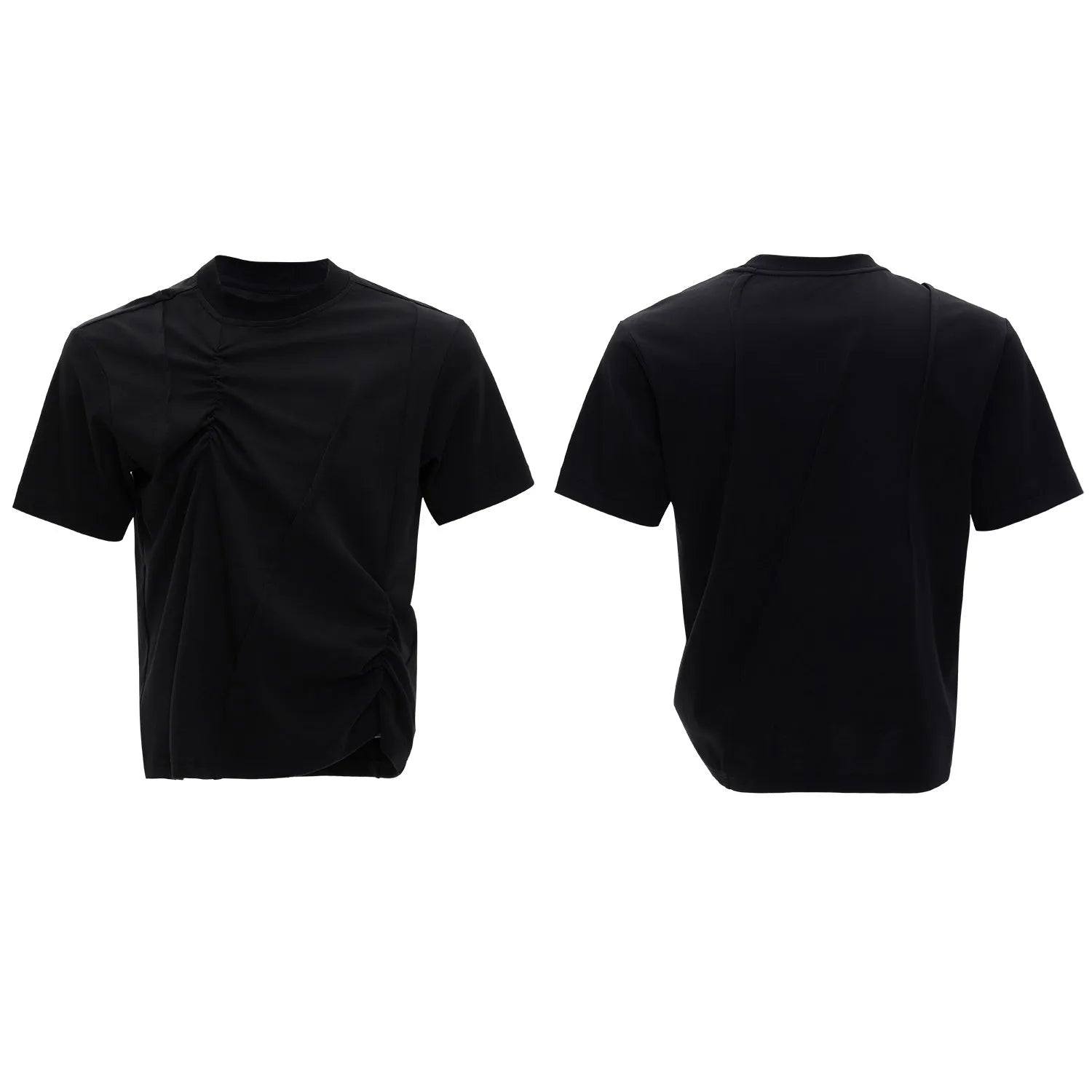 Men's loose-fit grey cotton T-shirt with pleated asymmetric stitching detail on the front, round neck, short sleeves.