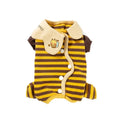 Yellow dog pajamas with bee pattern and lapel on small dog standing indoors