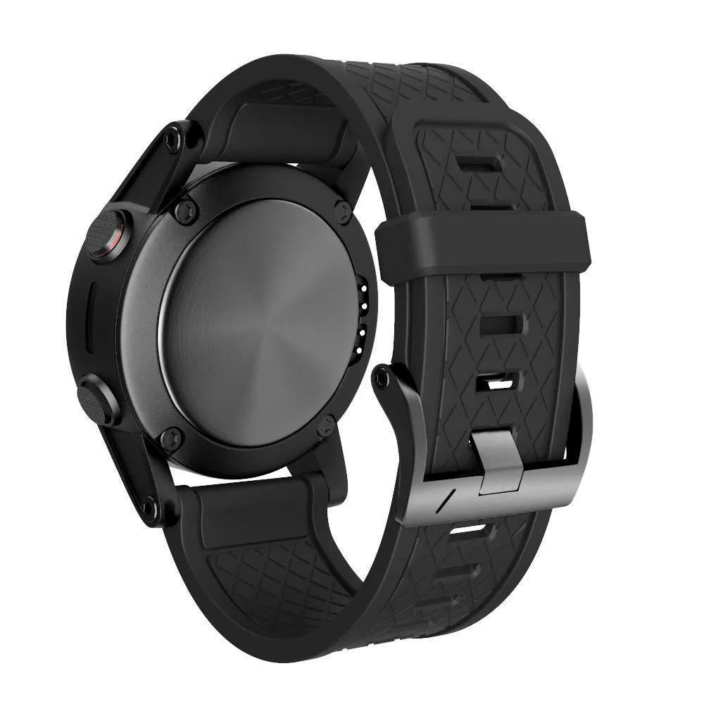 Black silicone Jiaming watch strap with stainless steel button showing 26mm width measurement