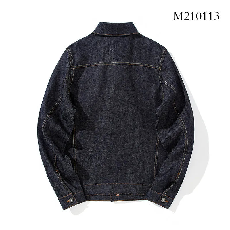 Men's Japanese retro style cotton denim jacket in fruit puree solid colour with loose fit and long sleeves