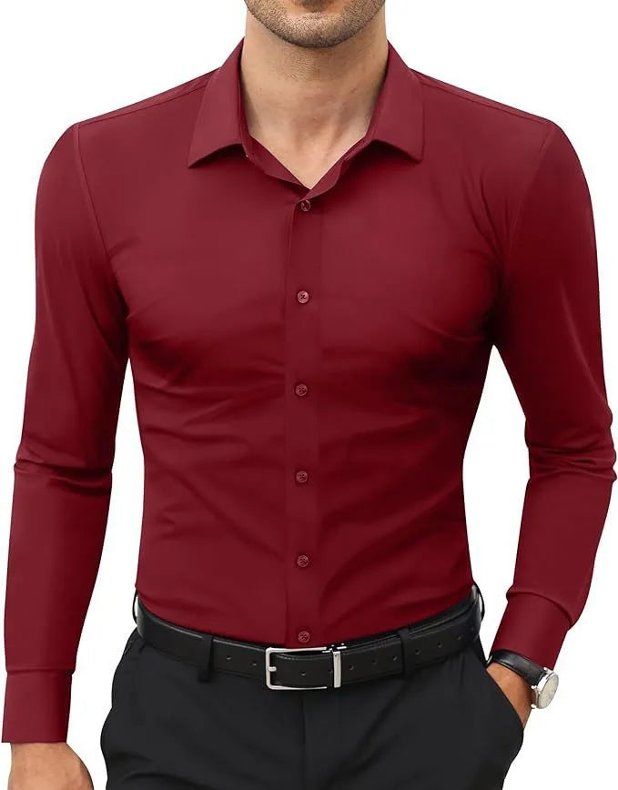Men's long sleeve cardigan shirt in solid colour with polyester four-way stretch fabric, full elastic force construction