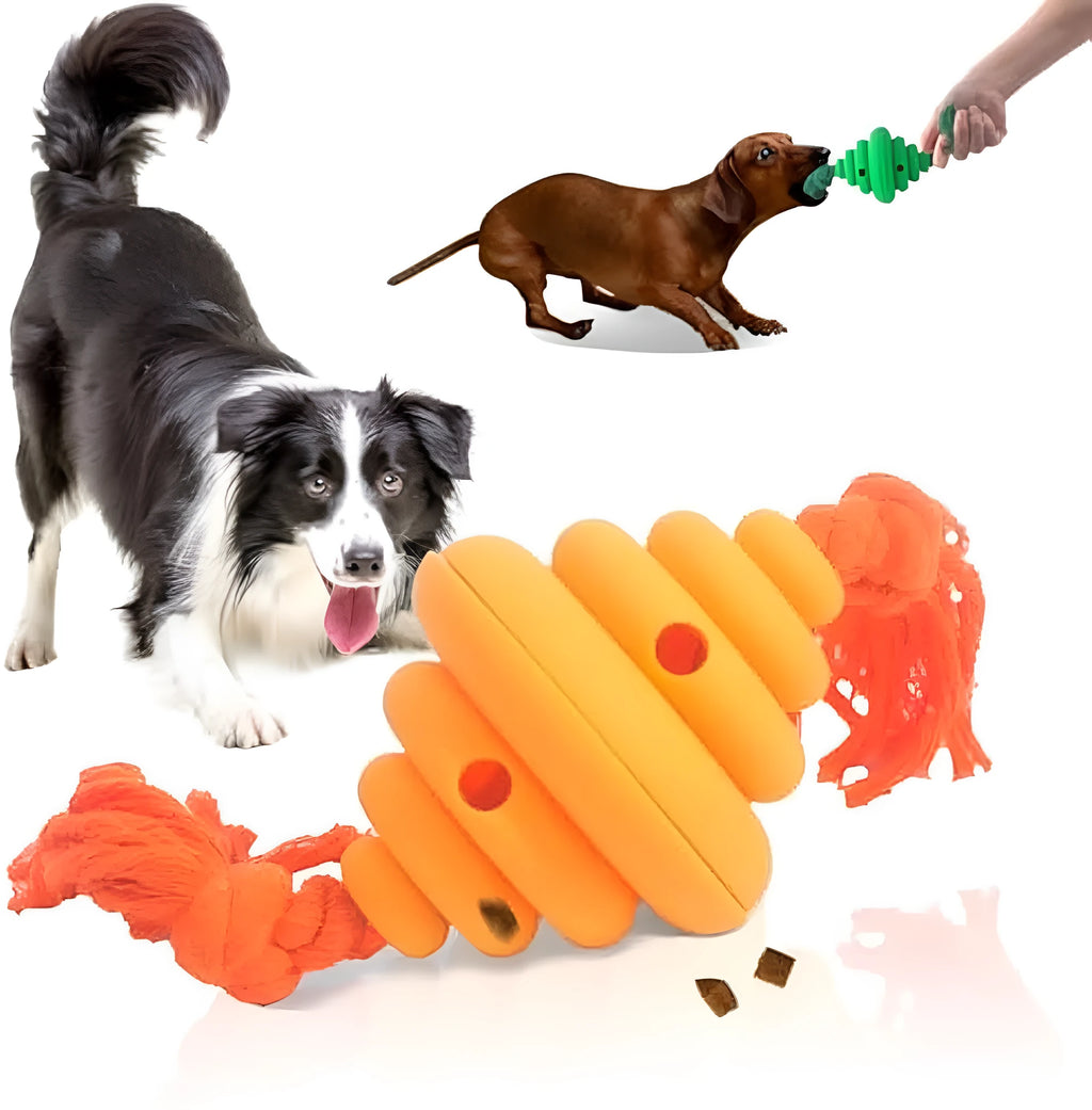 Green and yellow split spiral dog ball toy with rope for tug of war and treat dispensing