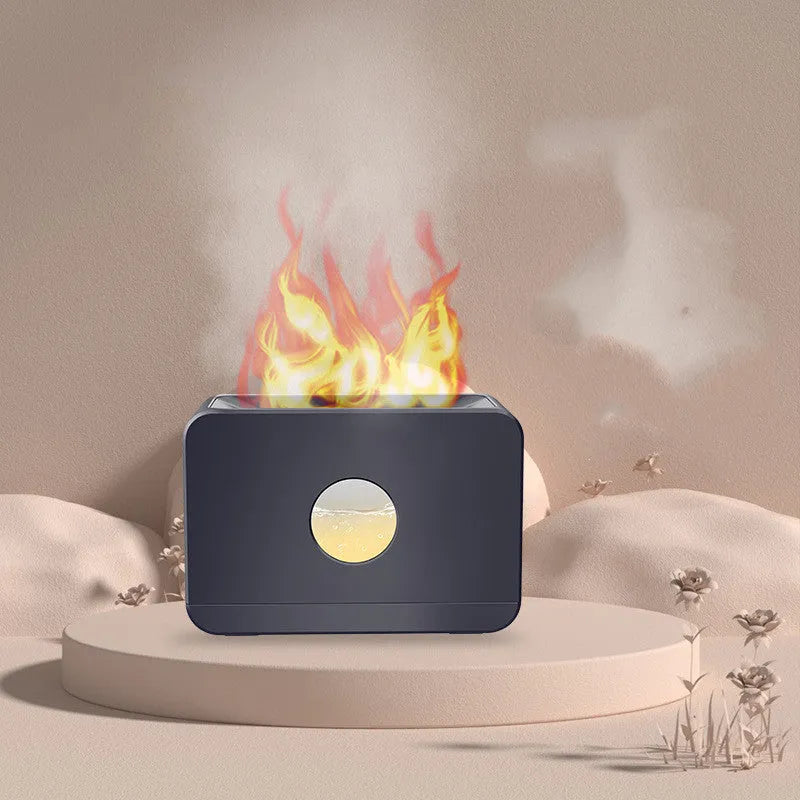 Two-colour flame aromatherapy humidifier with remote control, square plastic design, and water tank
