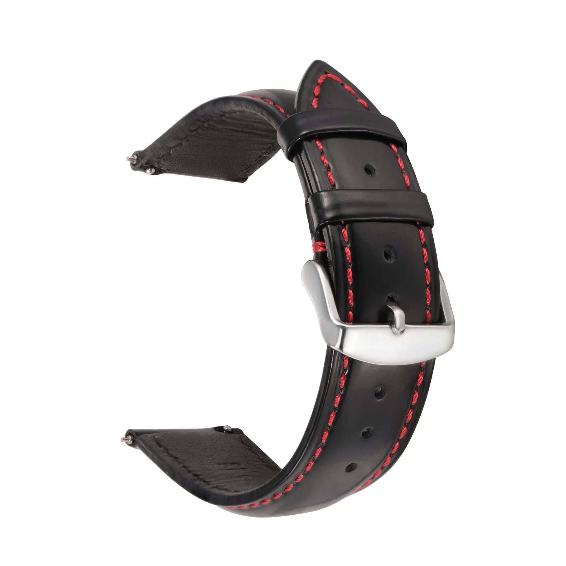 Quick release watch strap in black cowhide leather with white contrast stitching, shown detached from a watch.