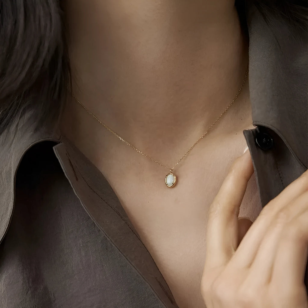 S925 sterling silver geometric pendant necklace with jelly opal stone in gold or white gold colour plating