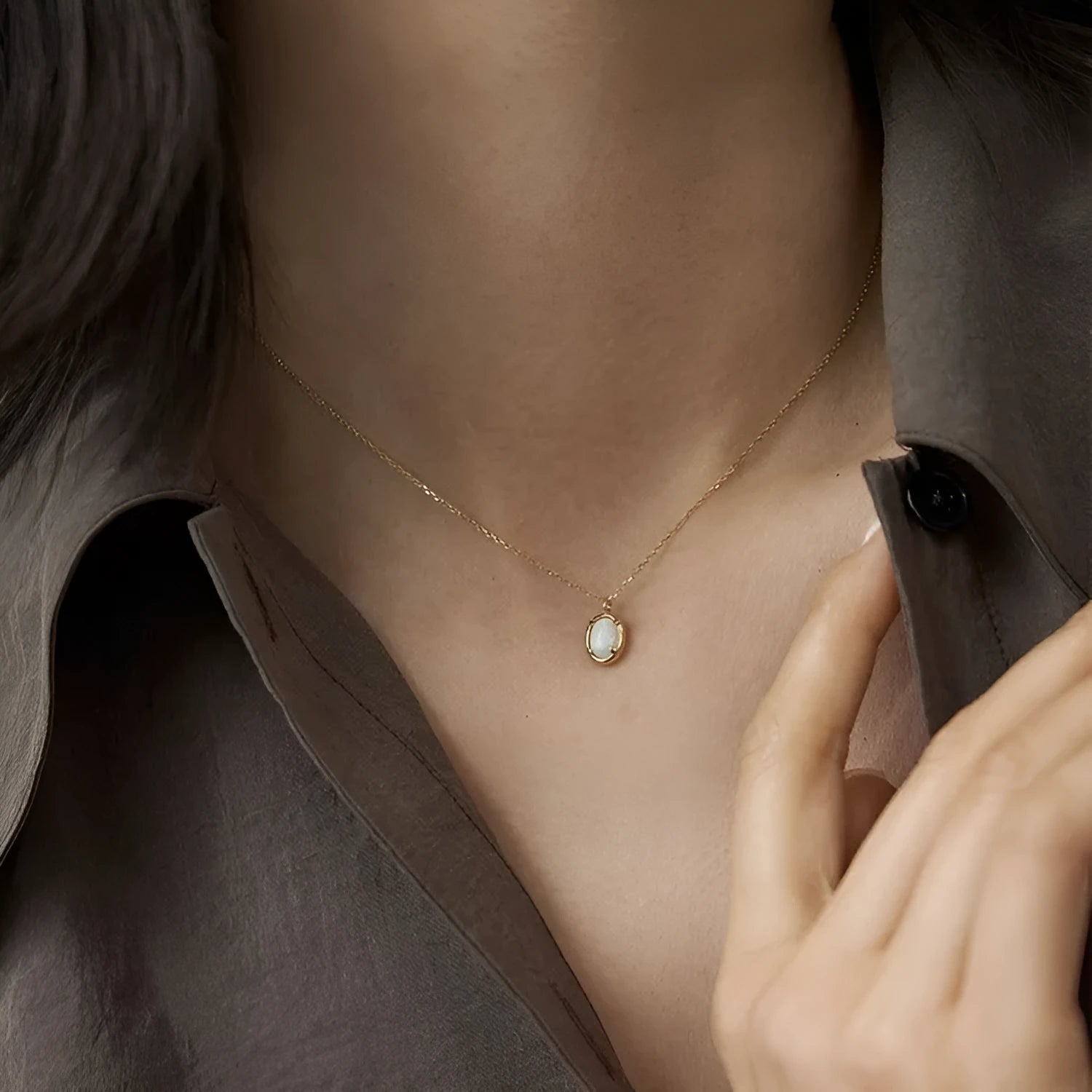 S925 sterling silver geometric pendant necklace with jelly opal stone in gold or white gold colour plating