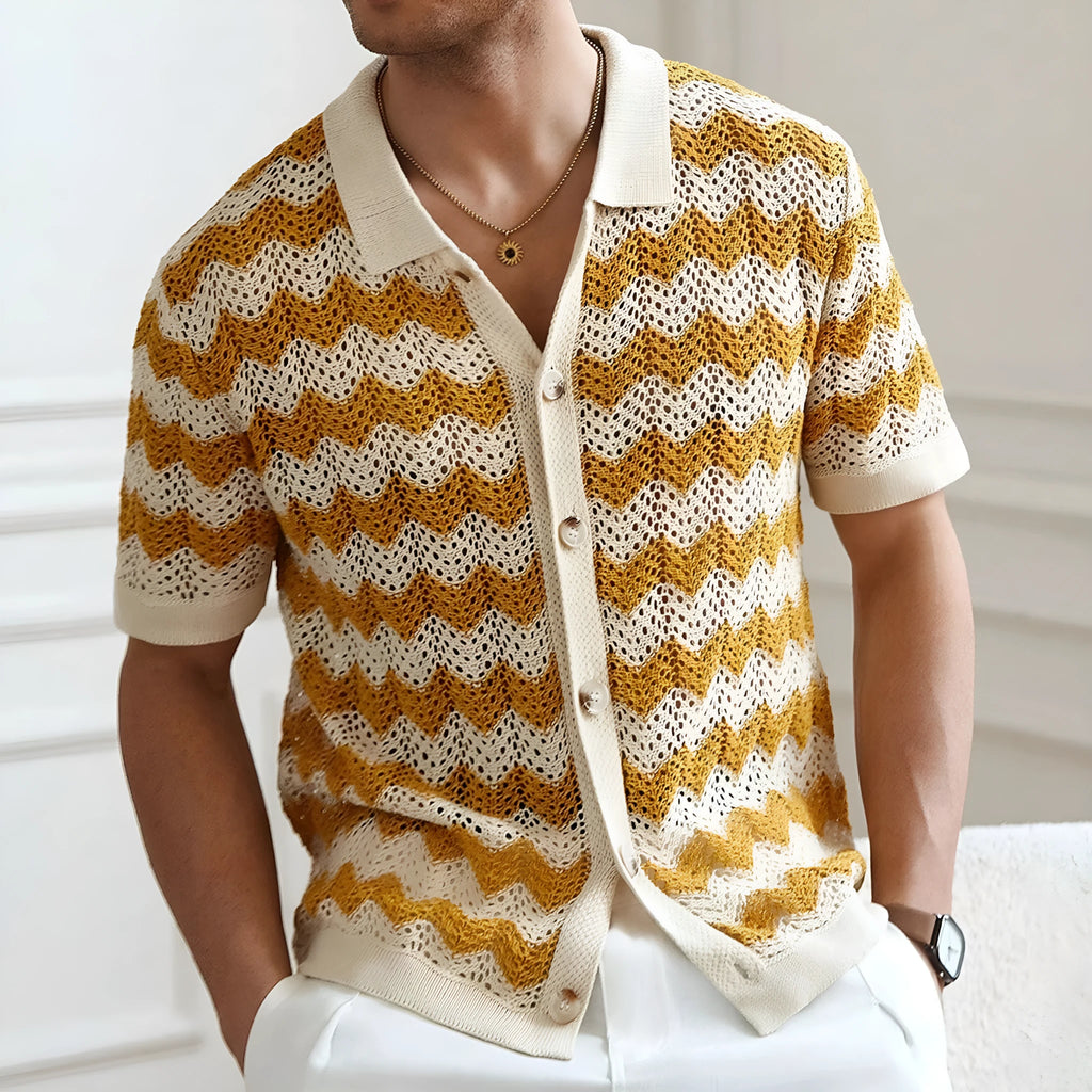 Yellow short-sleeve Tencel sweater with hollow jacquard corrugated texture on a hanger.