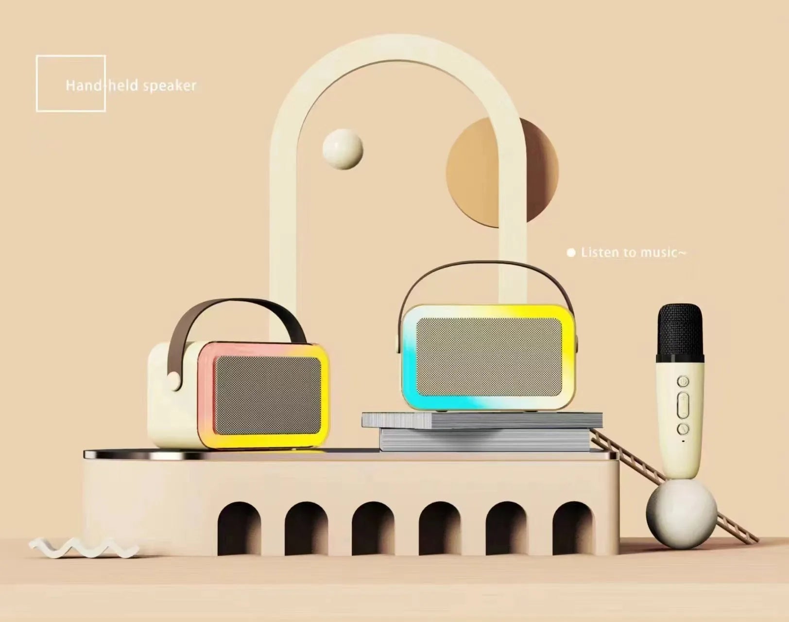 Portable Bluetooth speaker microphone with coloured lights in pink, sky blue, or white colour options.