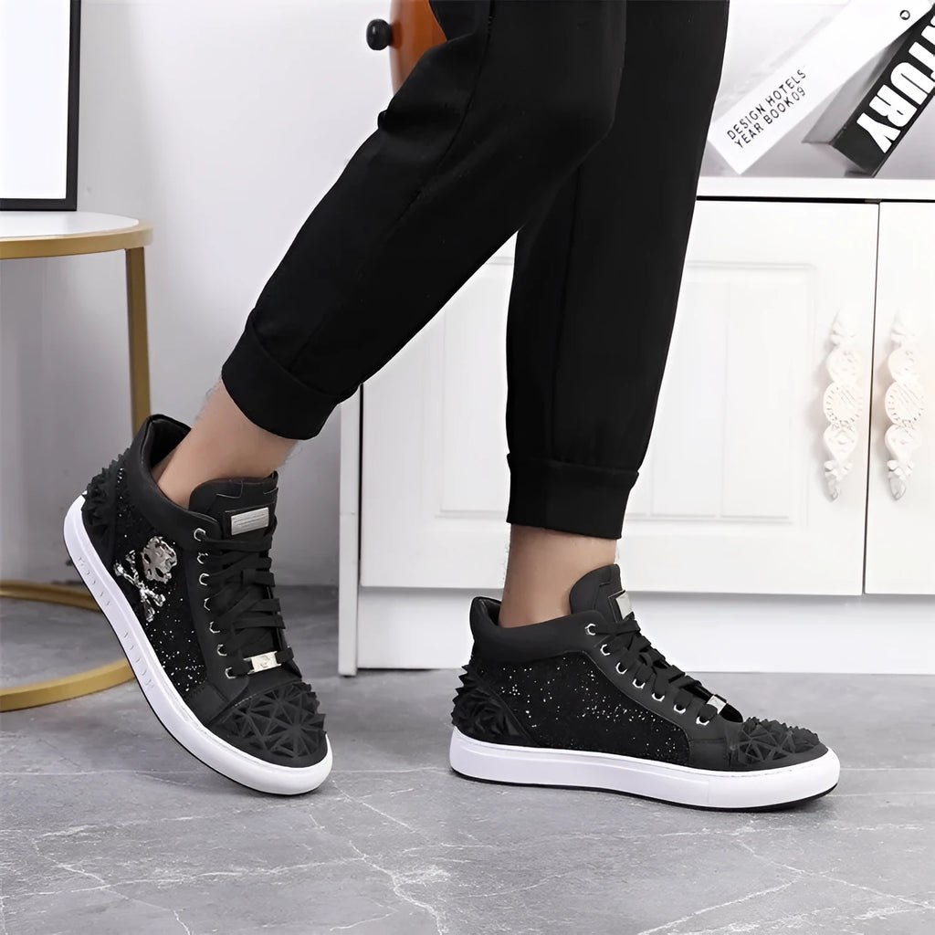 Men's black and red genuine leather high top skeleton shoes with lace-up front.