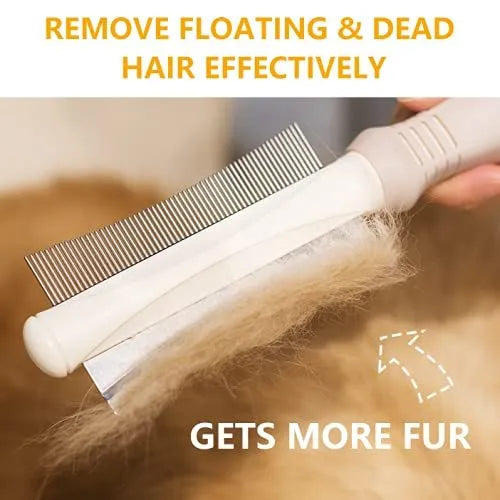 White double-sided dog and cat grooming brush with curved comb and deshedding brush sides.