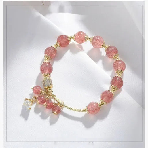 Pink strawberry quartz crystal women's bracelet with heart-shaped charm and pearl accents