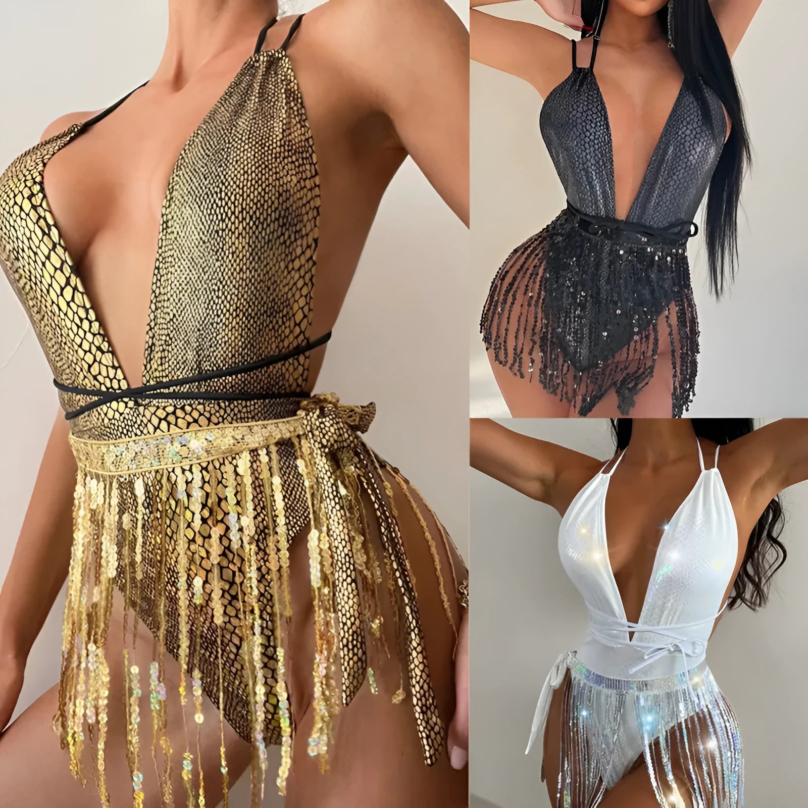 Backless one-piece swimsuit for women in gold, black, red, or white colours.