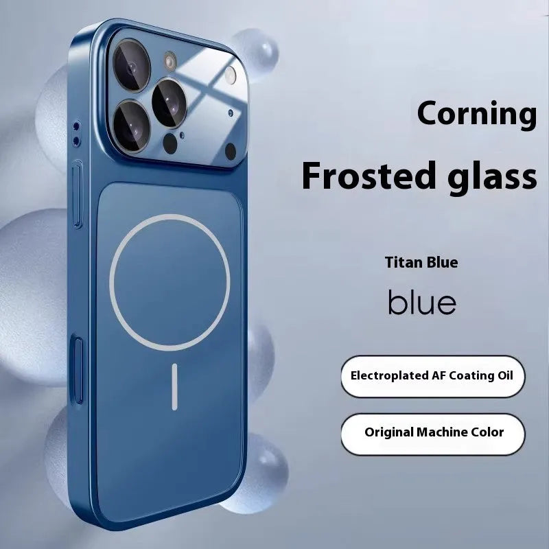 Frosted tempered glass magnetic phone case for iPhone on a table, shown in orange colour.