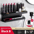 White aluminium double-layer punch-free storage rack holding a Marcel waver curling iron on a bathroom wall.