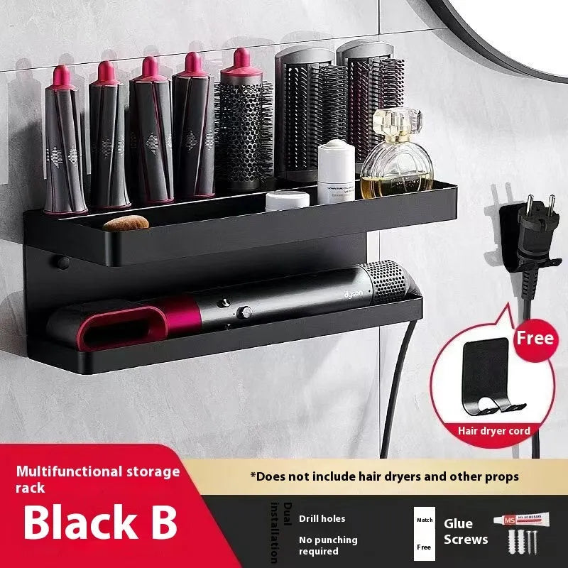 White aluminium double-layer punch-free storage rack holding a Marcel waver curling iron on a bathroom wall.