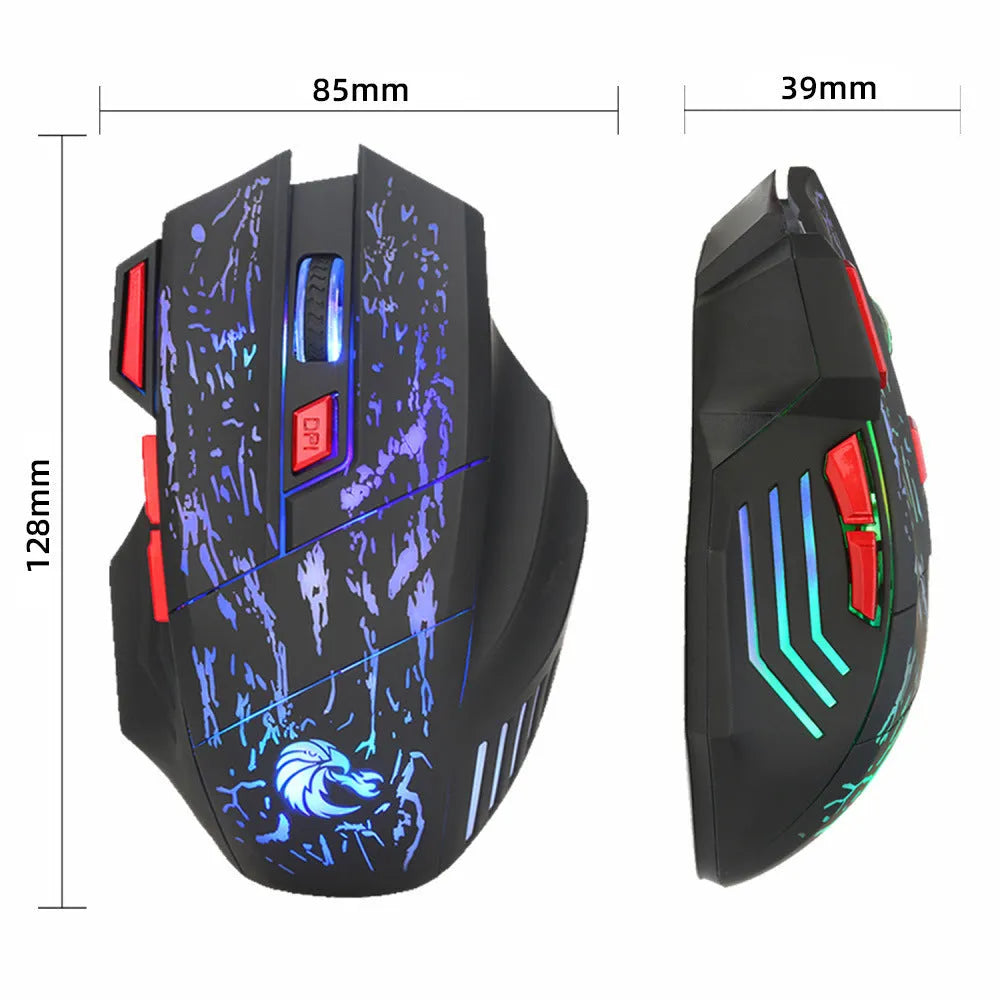 Black wired gaming mouse with colourful luminous lighting effects on desktop