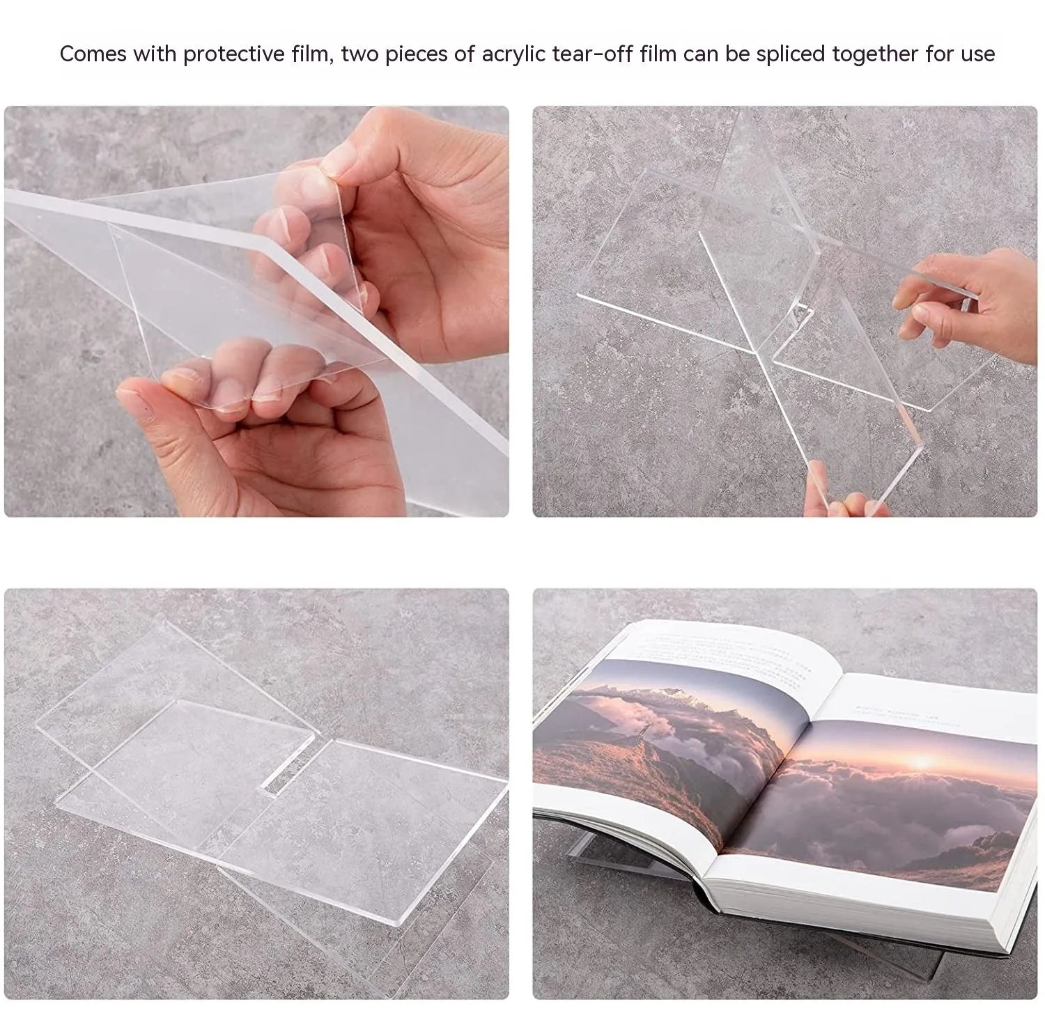 Clear acrylic X-shaped book display shelf holding reading materials on desktop