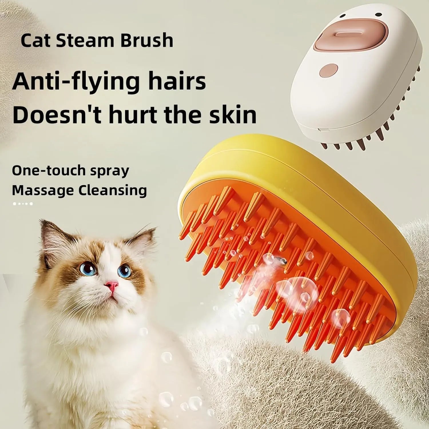 White and yellow rechargeable pet steam brush with silicone comb teeth for grooming dogs and cats.