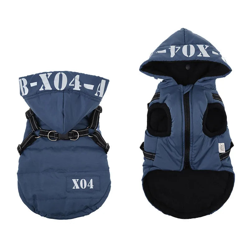 Red fleece-lined waterproof winter jacket for a dog on a grey background, showing hood and casual fit.