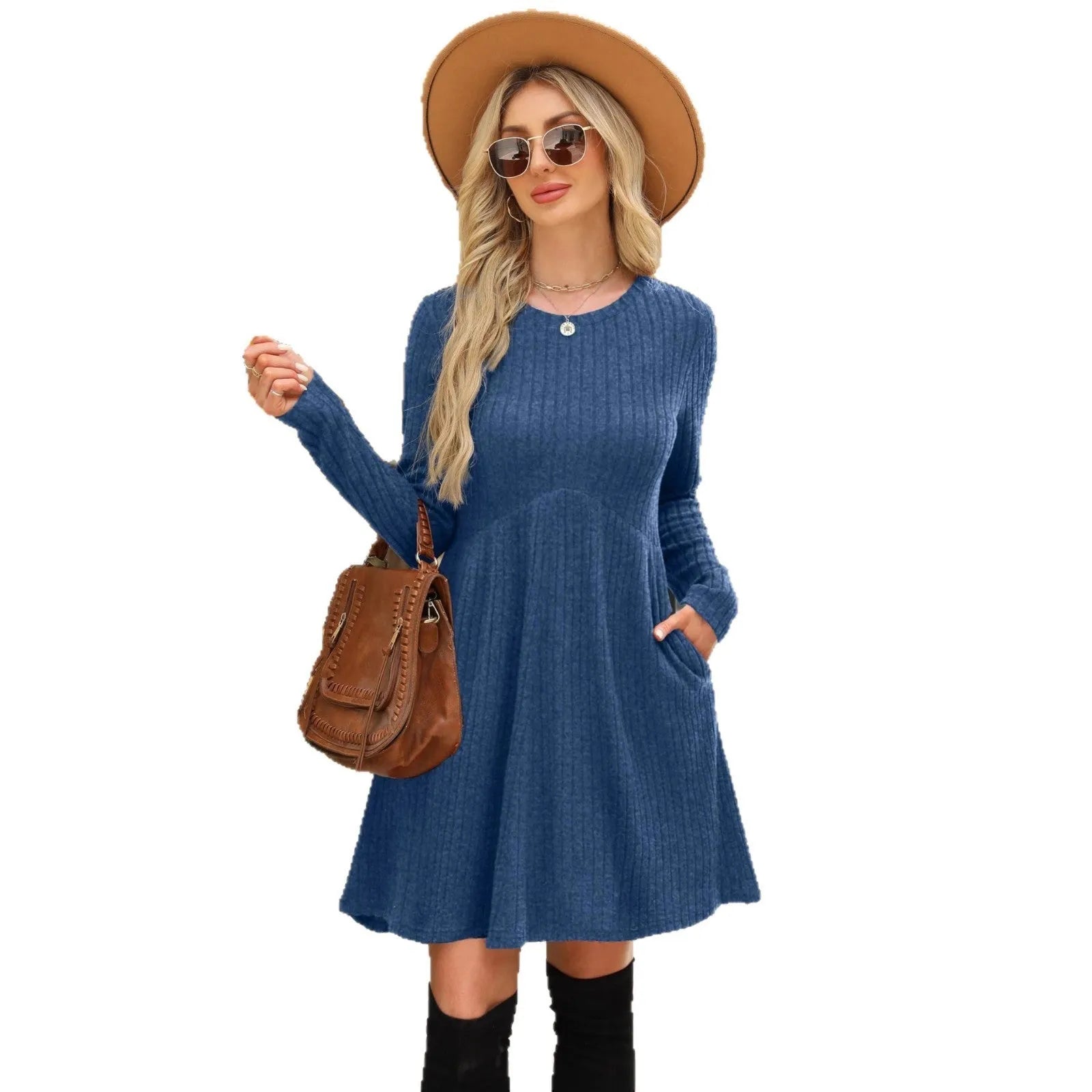 Women's bohemian brushed sunken stripe solid colour princess mid dress with wide waist, seven colours available