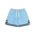 Men's loose-fit polyester sports shorts in multiple colours on a size chart.