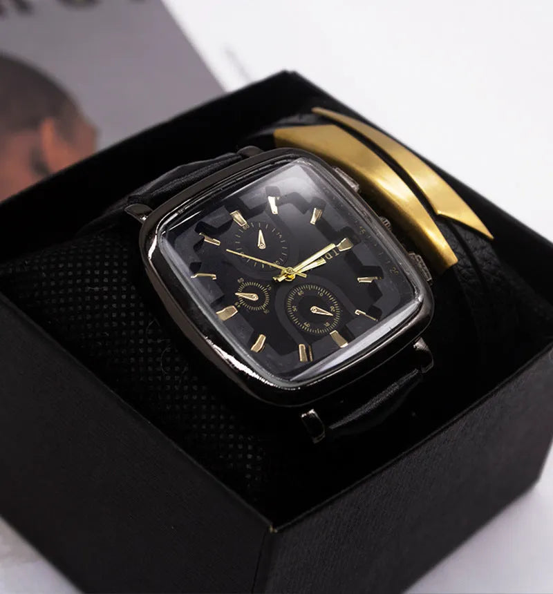 Men's black quartz watch set with imitation leather strap and pin buckle in two-piece box