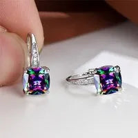 Square geometric ear hooks with round zircon inlays in gold, platinum, or rose gold finish