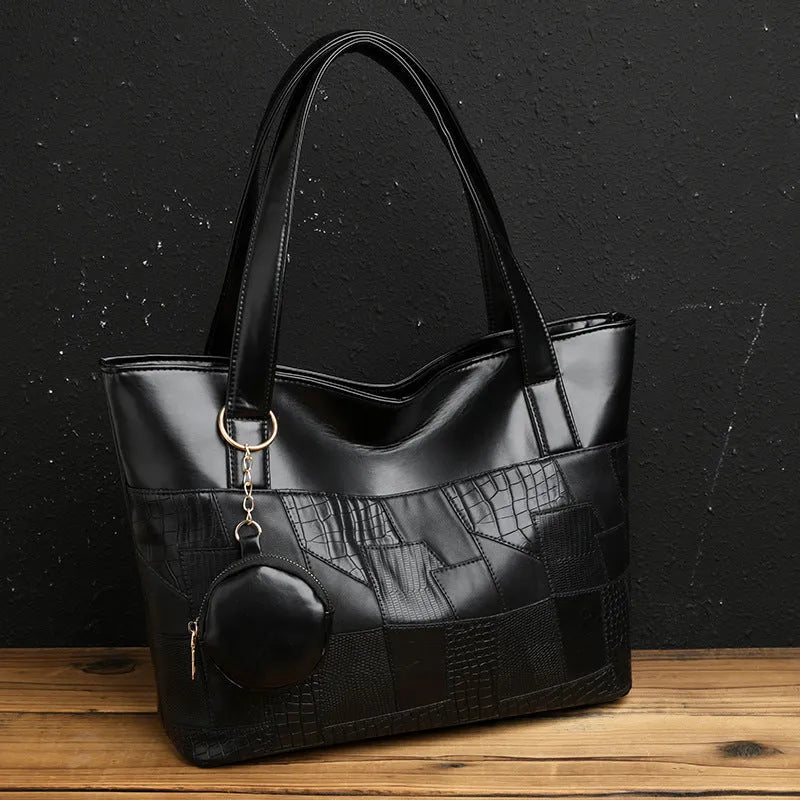 Large capacity soft PU tote bag for women in beige, brown, and black, with double shoulder straps and sewing thread detail.