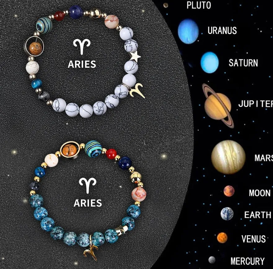 Two natural stone beaded bracelets with zodiac sign designs and adjustable string closures