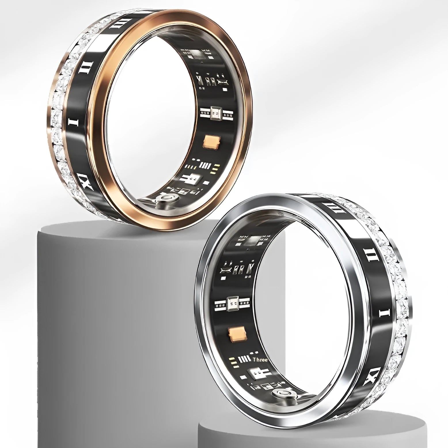 Diamond inlaid smart ring in silver and gold colours with blood oxygen monitoring technology