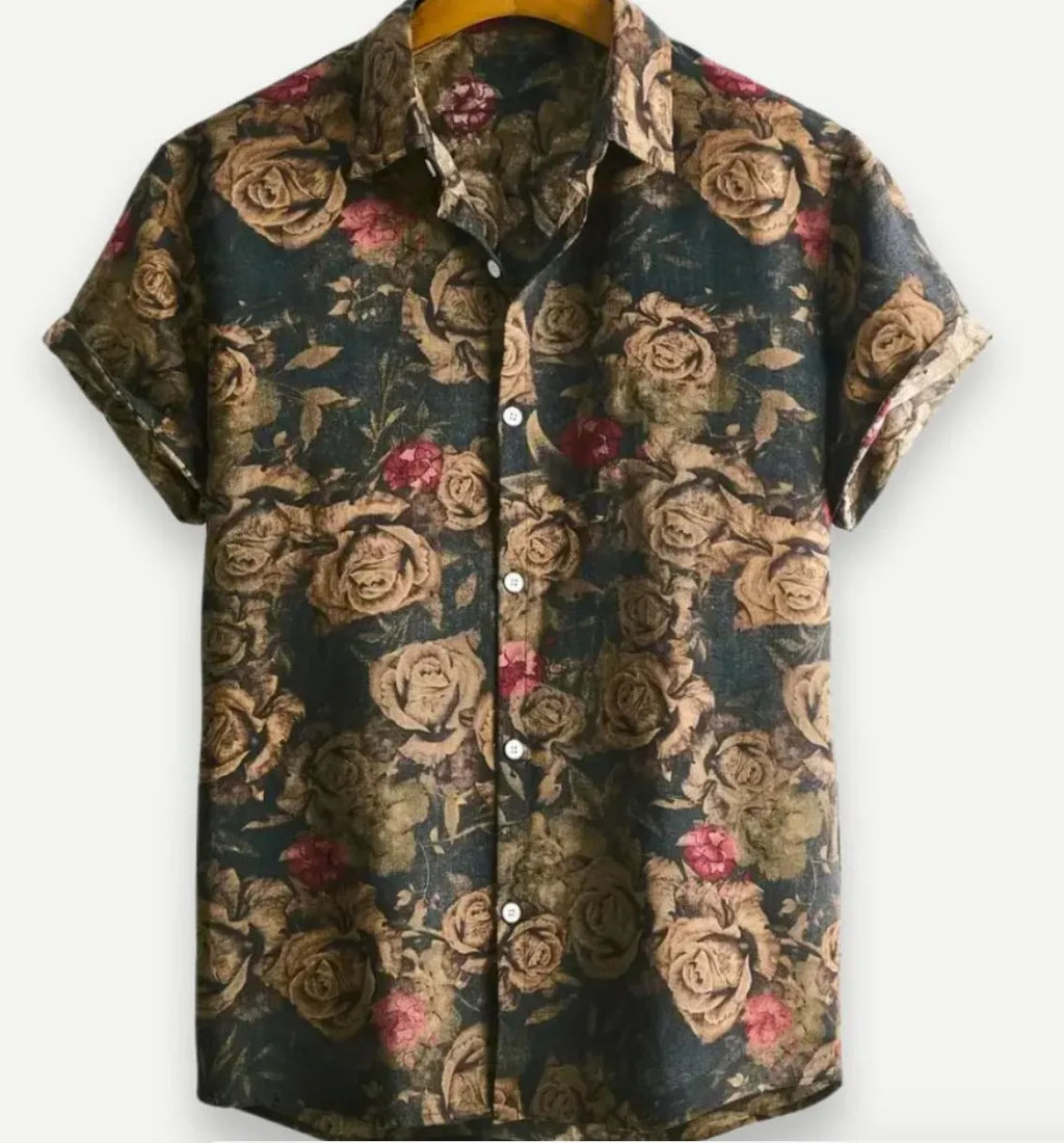 Hawaiian floral print short sleeve lapel shirt on a hanger