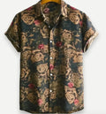 Hawaiian floral print short sleeve lapel shirt on a hanger