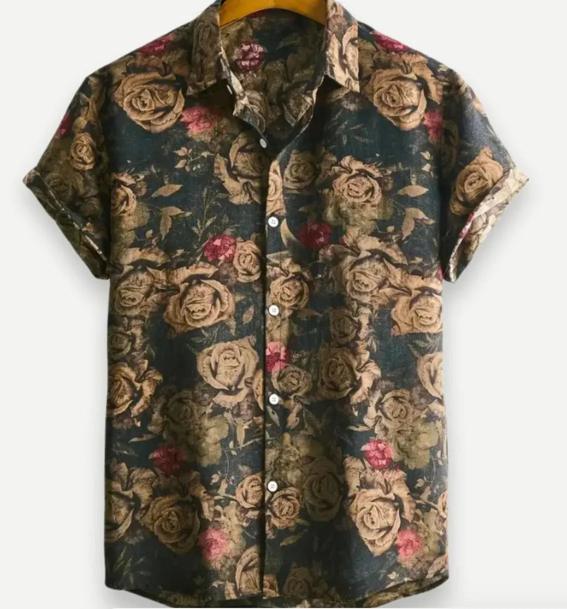 Hawaiian floral print short sleeve lapel shirt on a hanger