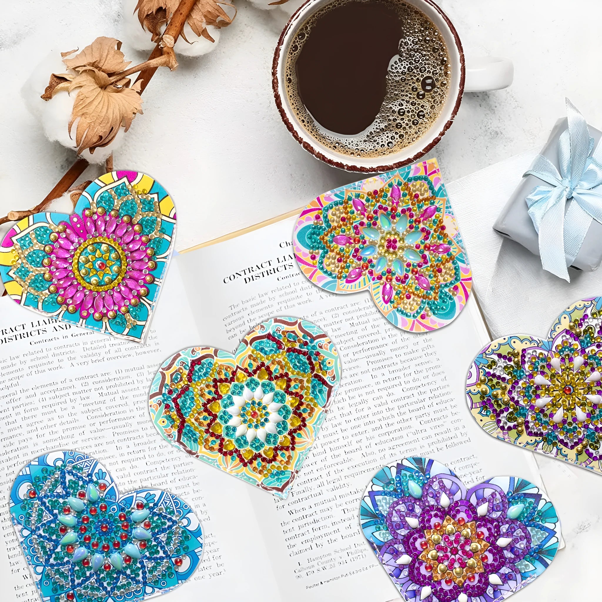 Six frameless PU leather cornerite bookmarks with crystal flower designs on a surface.