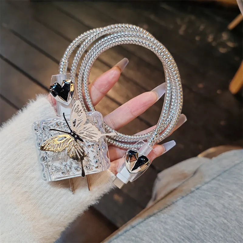 Three-dimensional butterfly USB cable protection sleeve for Apple 20W charger with silver foil square sleeve and electroplated rope detailing