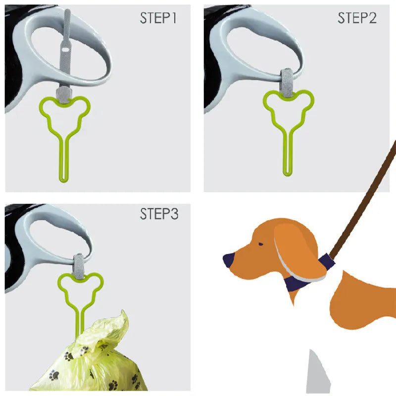 A hands-free dog poop bag holder with a hook and loop fastener strap, shown attached to a dog leash.