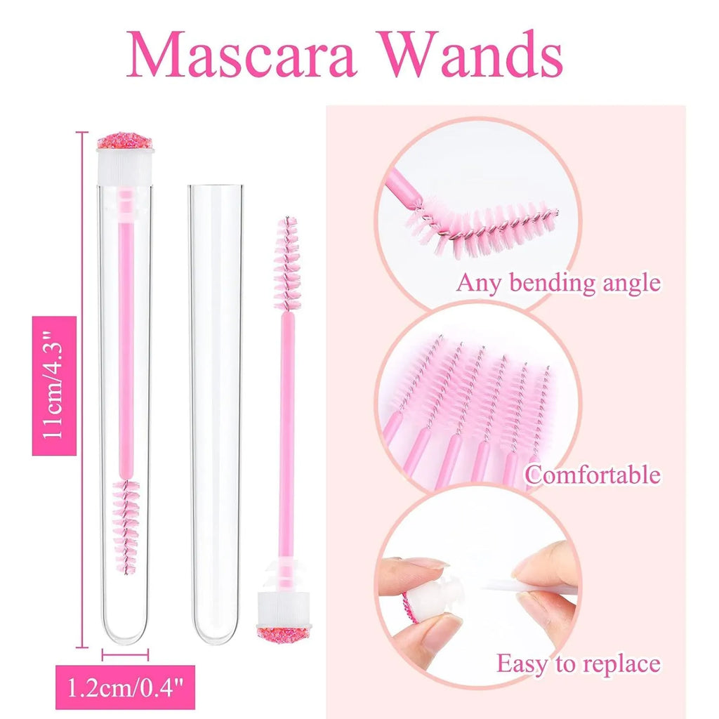 Disposable eyelash mascara brushes in transparent storage tubes showing blue, green, pink and purple colour options