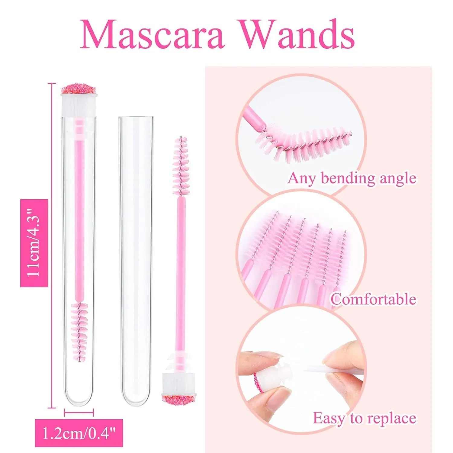 Disposable eyelash mascara brushes in transparent storage tubes showing blue, green, pink and purple colour options