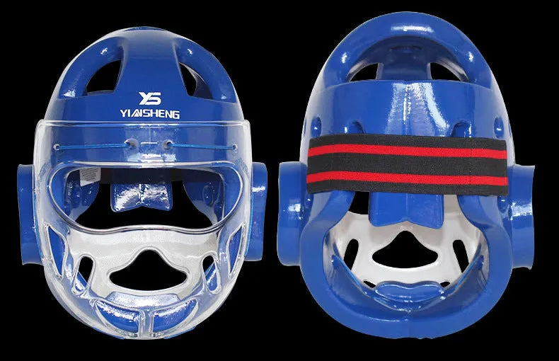Karate helmet protective head equipment in white, blue, or red colours available in S, M, L, XL sizes