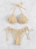 Women's apricot coloured bikini set with underwire cups and adjustable ties.