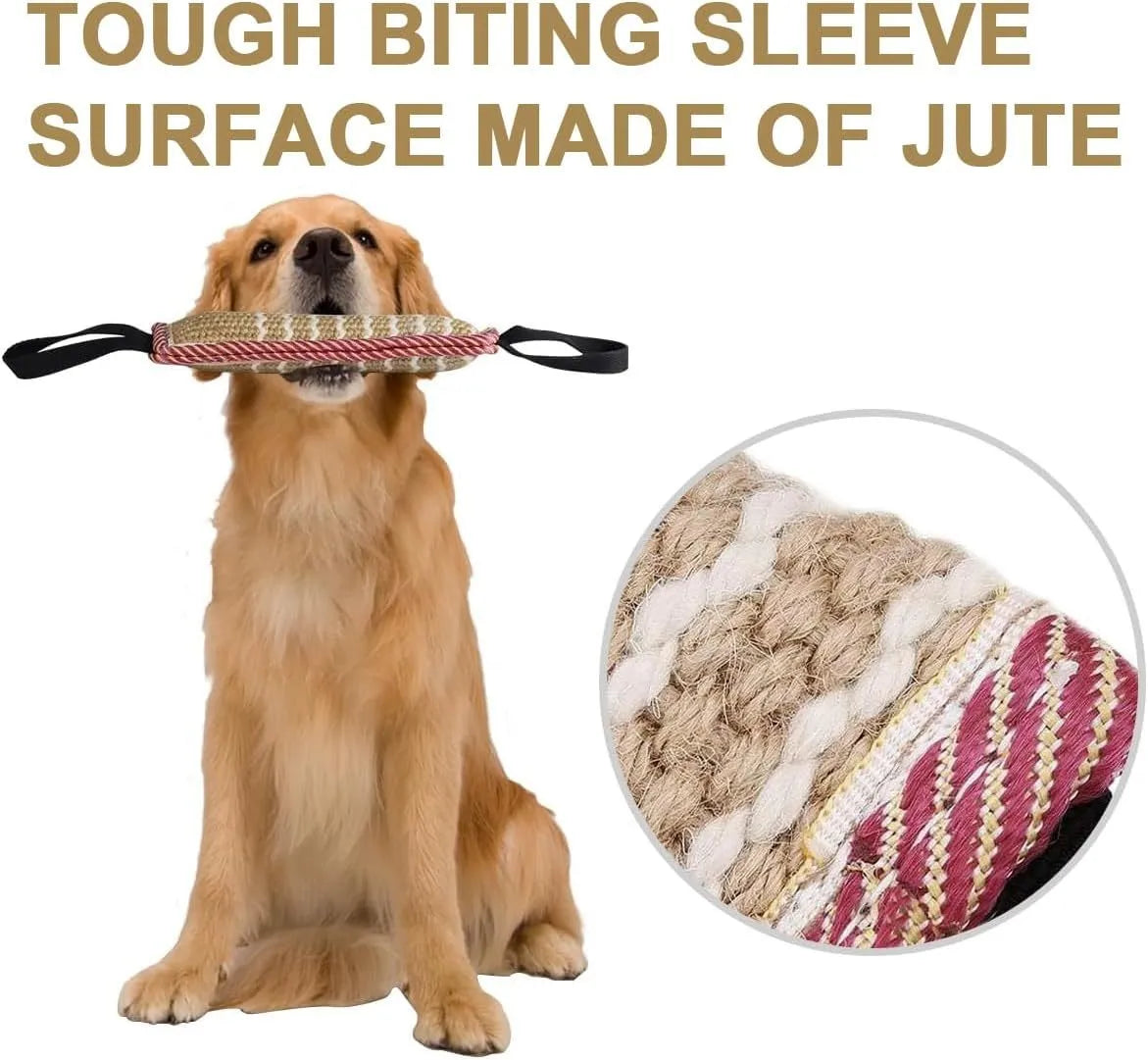 Beige jute dog tug toy with two fabric handles on a grey background.
