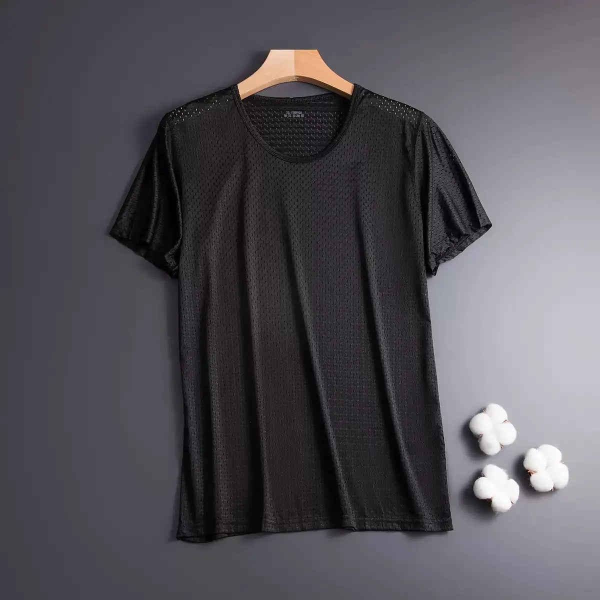 Men's ice silk loose fit short sleeve t-shirt in black, shown front view.
