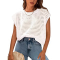 White women's loose pullover sweater with textured crochet detail on the sleeves.