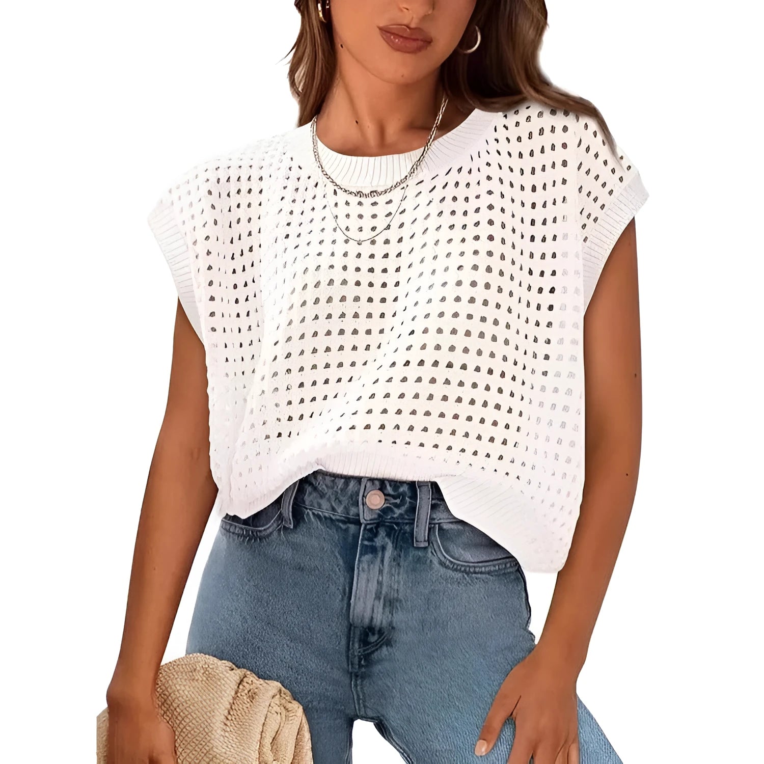 White women's loose pullover sweater with textured crochet detail on the sleeves.