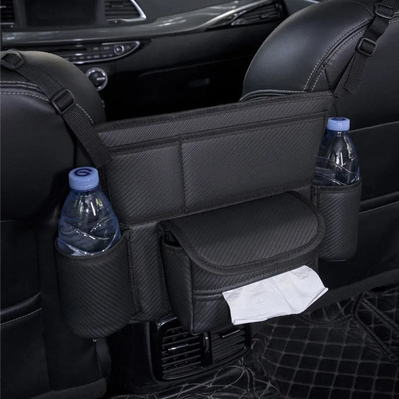 Black leather car seat tissue storage box showing dimensions and texture detail.